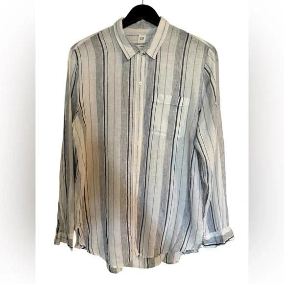 Gap | Oversized Boyfriend Linen Shirt | Gray Stripe | M - Picture 4 of 8